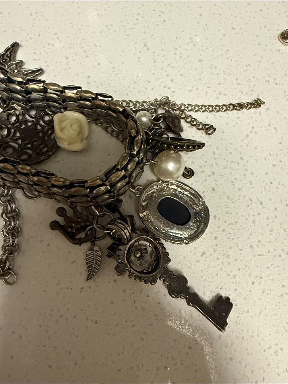 VTG Silver Tone Charm Necklace | Layered Chain Cameo Crown Butterfly Necklace - Picture 8 of 8